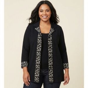 Misook 2X  Black Ribbed Cardigan with Animal Print Trim